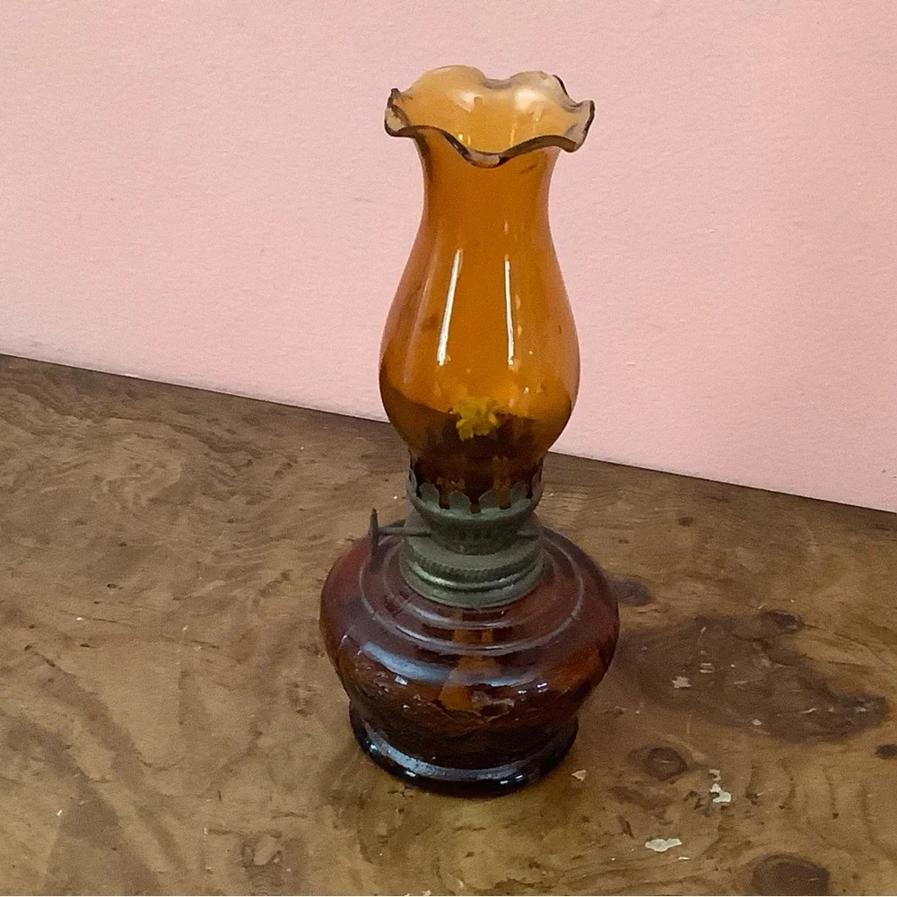 Vintage 7.5 Inch Amber Glass Oil Lamp With Fruit Details Read